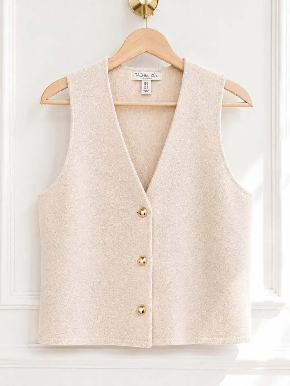 Rachel Zoe Cream Knit Sweater Vest Medium | Gold Button Sleeveless Quiet Luxury